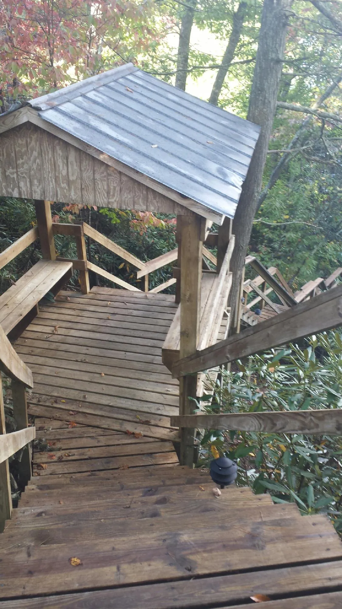 Metal roofed shelter over wooden steps on a wooded walkway — Skylight Repair & Installation work by our crew in Mont Clare